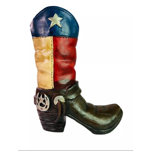 Texas Flag Boot Flower Vase Rustic Weathered Look Hand Painted Horseshoe Star 9” - Picture 2 of 11